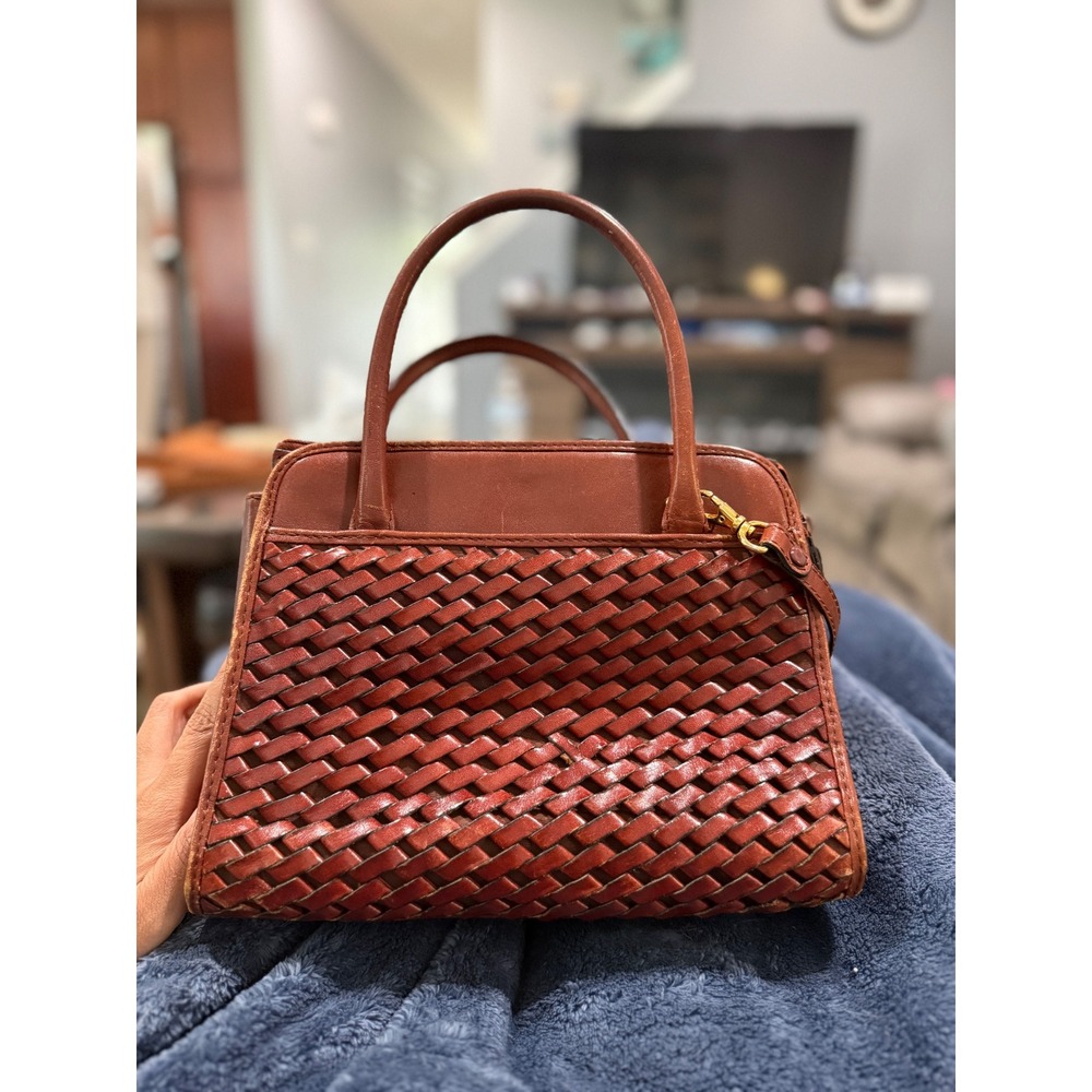 Vintage Brown‎ Woven Leather Satchel Crossbody Bag 94410 10" by 8"